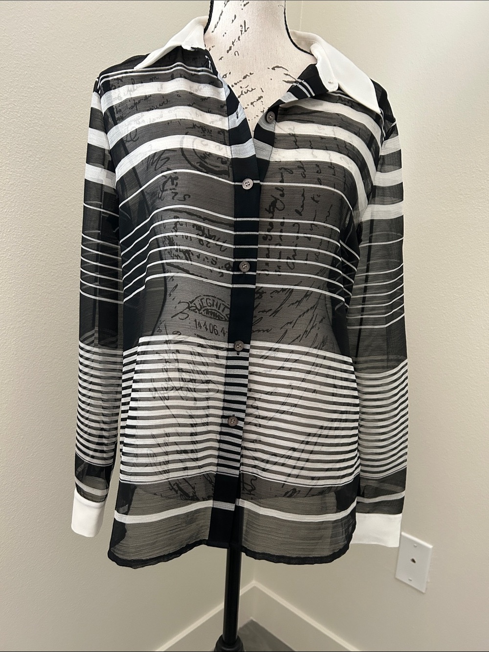 Vince Camuto Black & White Striped Sheer Button-Down Blouse